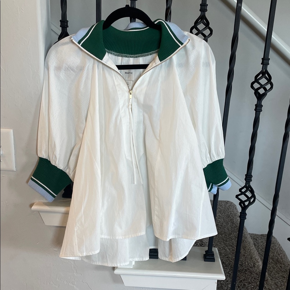 Anthropologie Maeve White Blouse with Green Accents